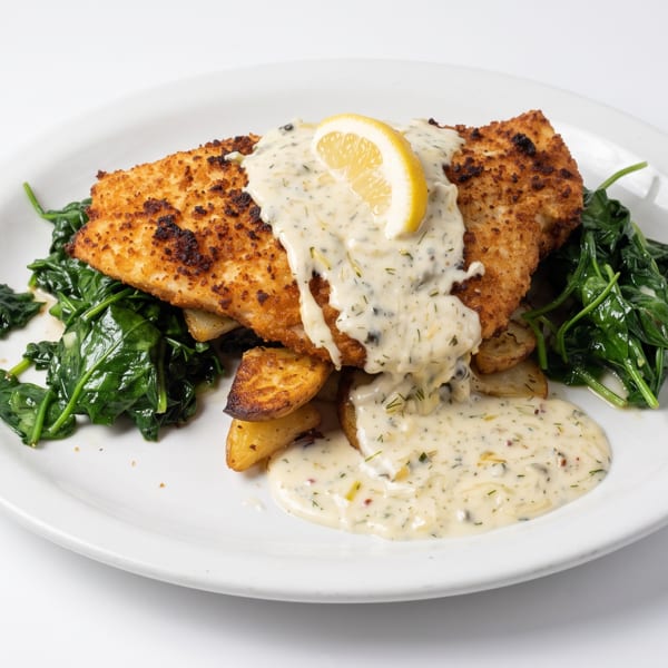 Breaded fish fillet with creamy sauce, lemon, spinach, and roasted potatoes on a white plate.